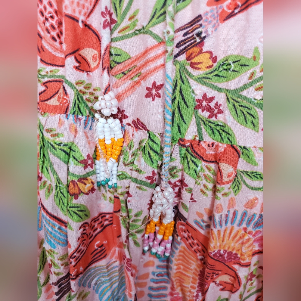 Farm Río Anthropologie Maxi Dress Macaw Flight Smocked Top Pink Midium - Picture 12 of 16